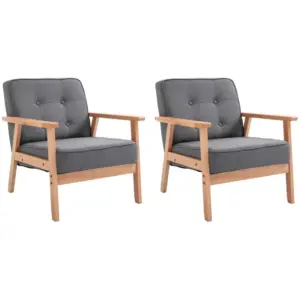 Best Armchair, Linen Fabric Accent Chair, Occasional Chair with Beech Wood Frame for Living Room, Reception, Bedroom, Balcony, Set of 2, Grey and Natural