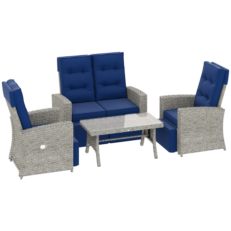 Best 4 Piece Rattan Garden Furniture Set Outdoor Sofa Sectional Set with Glass Top Table for Poolside, Navy Blue