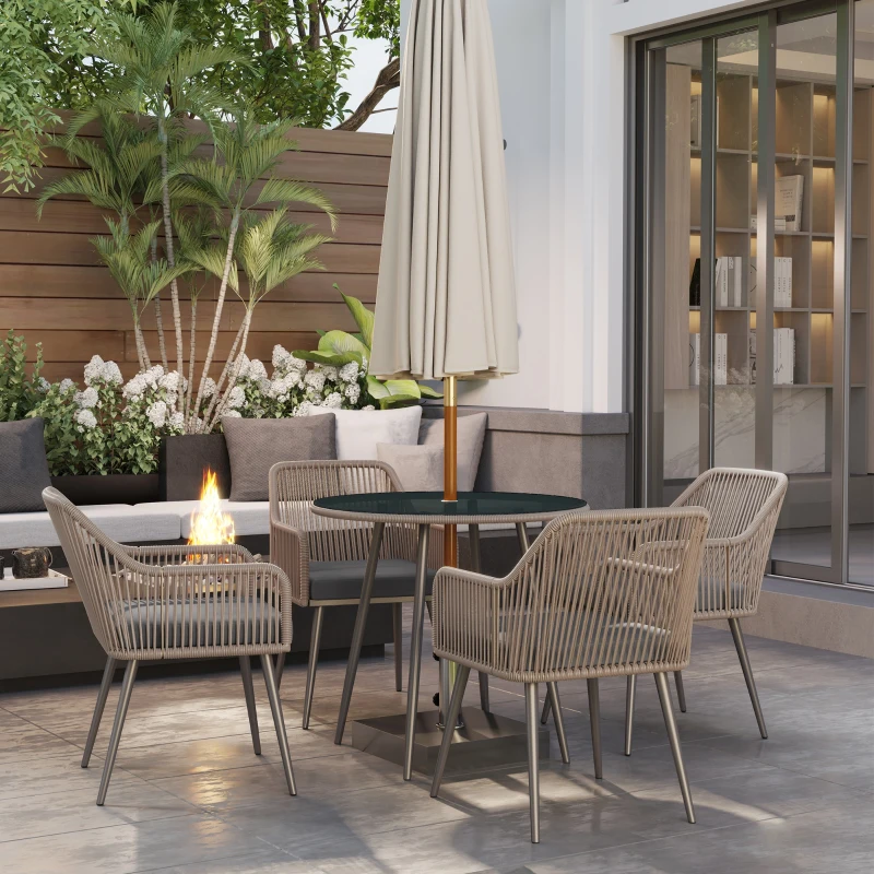 Best 4 Seater Rattan Dining Set, Rattan Garden Furniture Set with Parasol Hole, Outdoor Dining Table and Chairs Set with Cushions, Round Glass Top Table for Patio, Balcony, Light Brown - Image 8