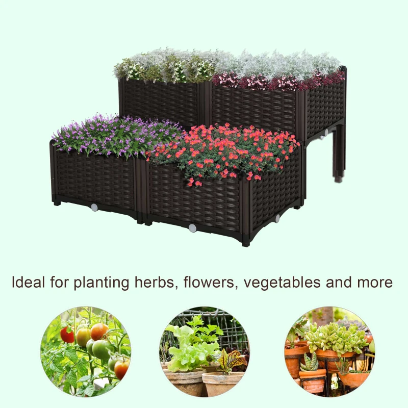 Best Set of 4 26L Garden Raised Bed Elevated Patio Flower Plant Planter Box PP Vegetables Planting Container, Brown - Image 4