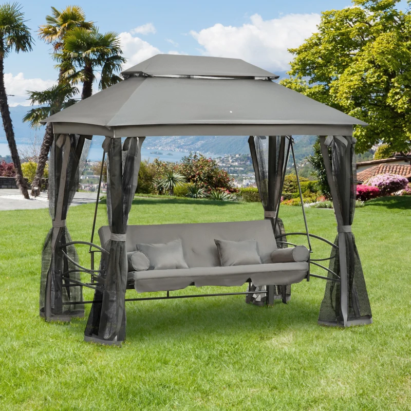 Best 3 Seater Swing Chair 3-in-1 Convertible Garden Swing Seat Bed Gazebo Patio Bench Outdoor with Double Tier Canopy, Cushioned Seat, Mesh Sidewalls, Grey - Image 2