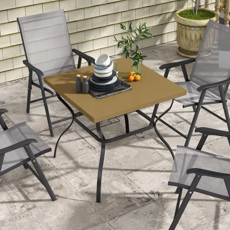 Best Four-Seater Steel Garden Table, with Parasol Hole - Brown/Black - Image 2