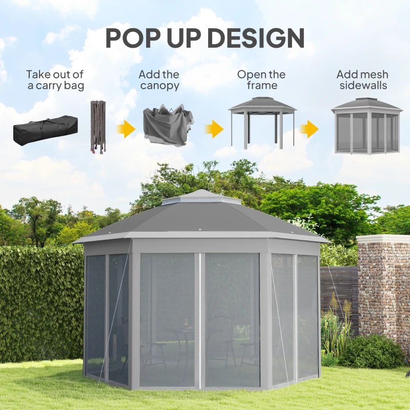 Best 3 x 4m Garden Gazebo Hexagon Pop Up Gazebo Party Tent Canopy Double Roof Instant Shelter with Netting and Carry Bag for Outdoor Patio, Dark Grey - Image 4