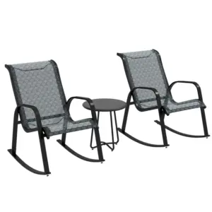 Best 3 Piece Outdoor Rocking Set with 2 Armchairs and Metal Top Coffee Table, Patio Bistro Set with Curved Armrests, Breathable Mesh Fabric Seat for Garden, Deck, Mixed Grey