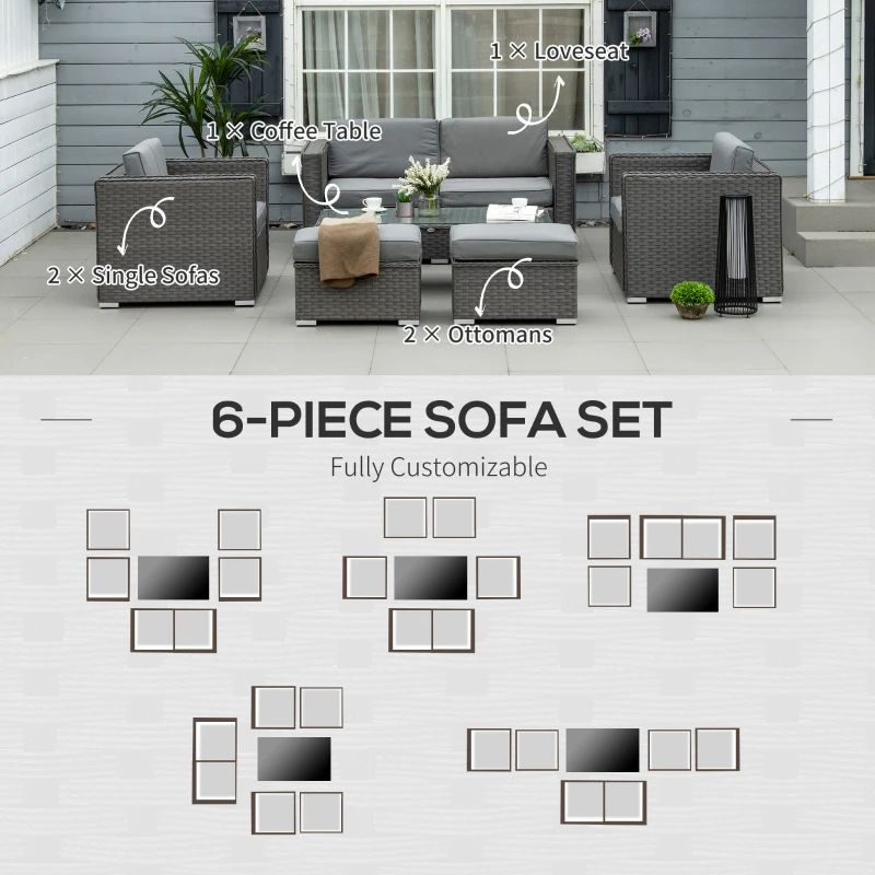 Best 6PC Garden Rattan Sofa Set Bonzer Outdoor Furniture Patio Table Loveseat Stool Lounging Ottoman Aluminium Frame Wicker Weave Conservatory Grey - Image 6