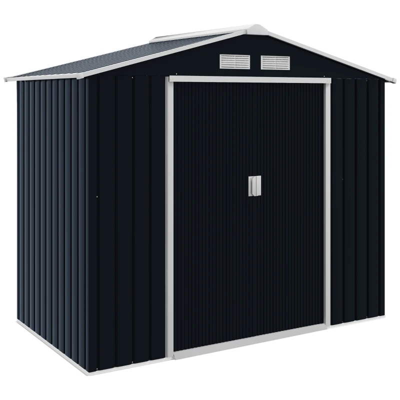 Best 7 x 4ft Metal Garden Shed, Outdoor Storage Tool House with Ventilation Slots, Foundation Kit and Lockable Double Doors, Dark Grey