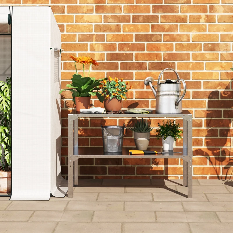Best 2 Tier Potting Bench Table, Galvanised Steel Garden Planting Work Bench Workstation with Storage Shelf for Outdoor, Patio, Greenhouse, 110 x 50 x 75 cm, Silver Tone - Image 8