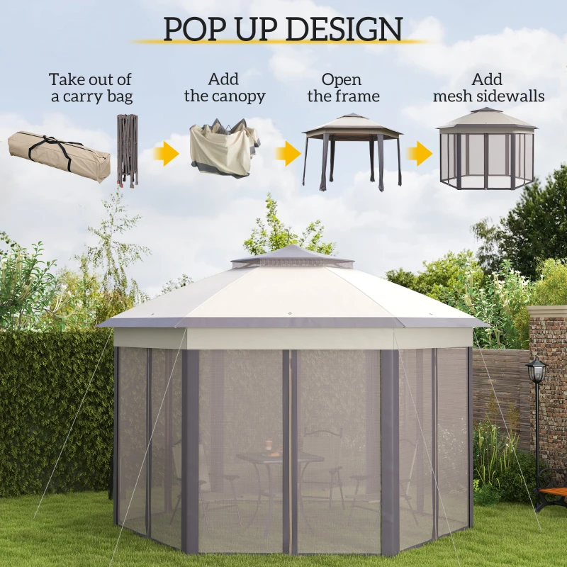 Best 3 x 4m Garden Gazebo Hexagon Pop Up Gazebo Party Tent Canopy Double Roof Instant Shelter with Netting and Carry Bag for Outdoor Patio, Beige - Image 4
