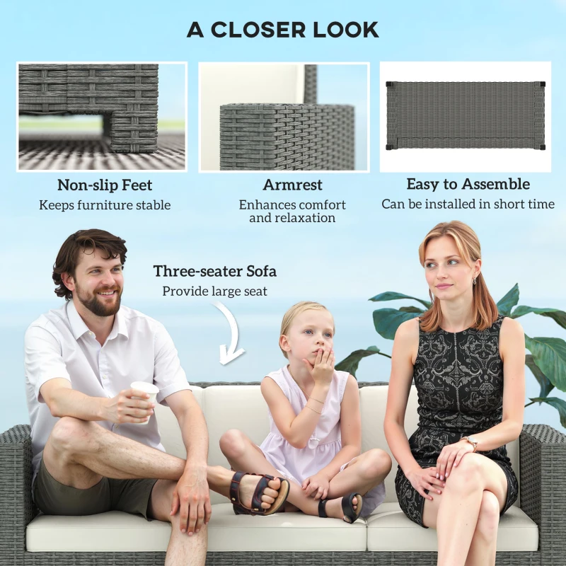 Best 3 Seater Rattan Sofa All-Weather Wicker Weave Metal Frame Chair with Fire Resistant Cushio-Cream - Image 6