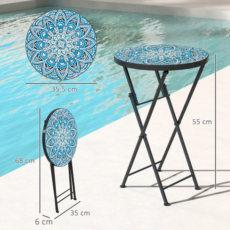 Best Mosaic Outdoor Garden Table, 35.5cm Round Folding Coffee Table with Metal Frame for Balcony Terrace, Blue - Image 3