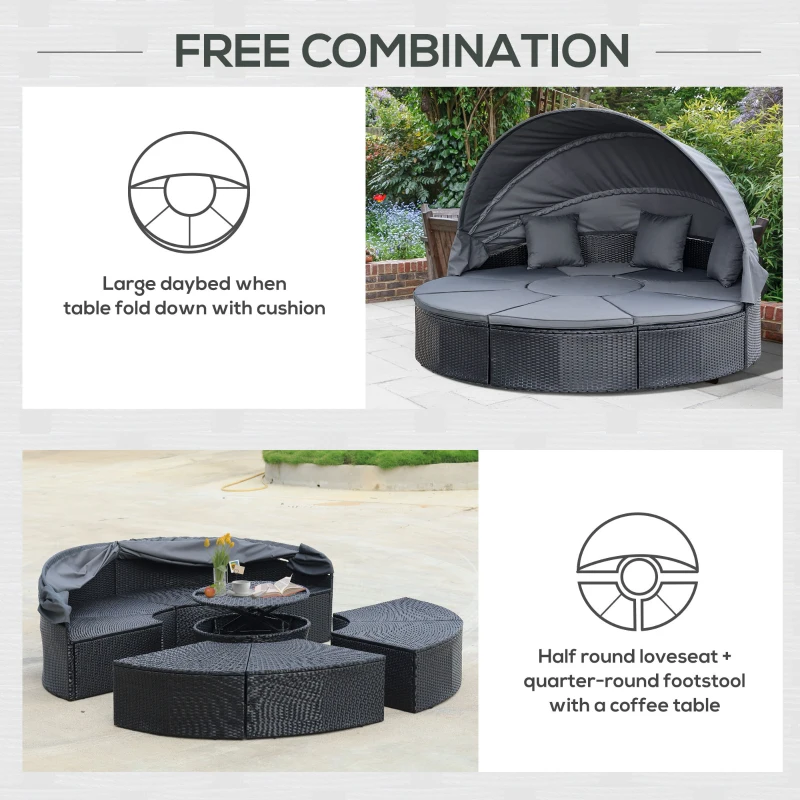 Best 4 Pieces PE Rattan Garden Daybed Set, Outdoor Wicker Cushioned Round Sofa Bed Conversation Furniture with Coffee Table & Canopy, Black - Image 7