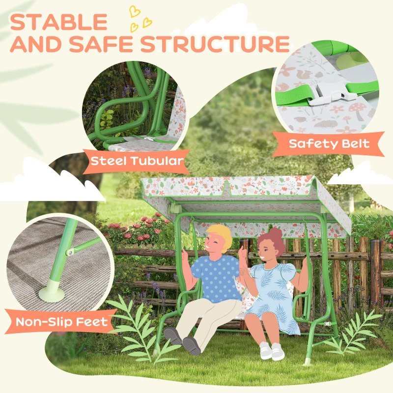 AIYAPLAY Kids Garden Swing Chair with Adjustable Canopy, Safety Belt, 2 Seater Hammock Swing Bench for Patio, Porch, Green - Image 4