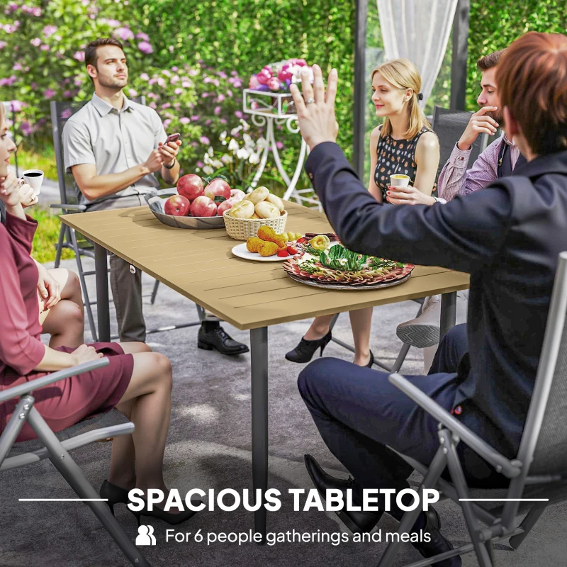 Best Garden Dining Table for 6 Person, Rectangle Outdoor Coffee Table with 5 cm Parasol Hole, Slatted Tabletop and Steel Frame for Patio Balcony, Brown - Image 4