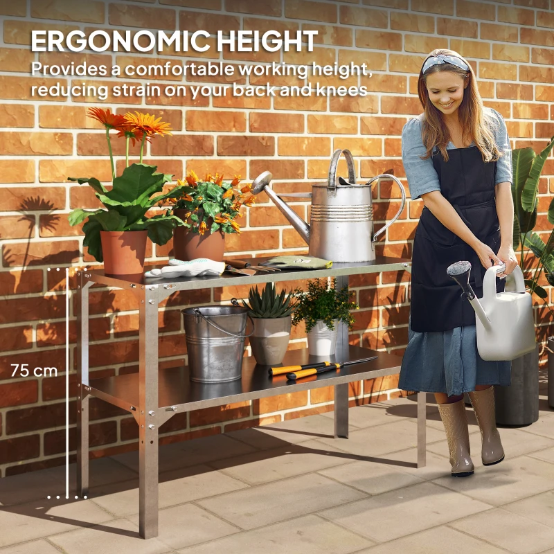 Best 2 Tier Potting Bench Table, Galvanised Steel Garden Planting Work Bench Workstation with Storage Shelf for Outdoor, Patio, Greenhouse, 110 x 50 x 75 cm, Silver Tone - Image 6