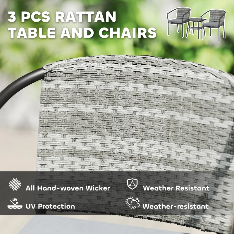 Best 3 Pieces Rattan Bistro Set with Cushions, Wicker Garden Furniture Set, Glass Top Coffee Table and Chairs for Outdoor Patio, Balcony, Terrace and Conservatory, Grey - Image 4
