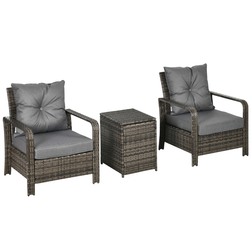 Best 3 Pieces Rattan Bistro Set, Wicker Garden Furniture Set with Storage Coffee Table and Chairs, Thickened Cushions for Outdoor, Patio, Balcony, Grey - Image 11