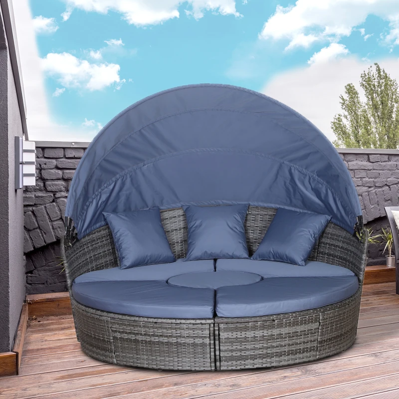 Best PE Rattan Lounge Set, 5 Pieces Patio Conversation Furniture Set, Garden Round Sofa Bed with Cushion and Retractable Canopy, Grey - Image 2