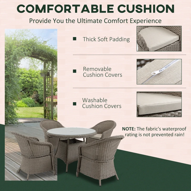 Best 4 Seater Rattan Garden Furniture Set with Cushions, Round PE Rattan Dining Set with Glass-Top Table, Umbrella Hole, Outdoor Garden Table and Chairs, Mixed Grey - Image 7