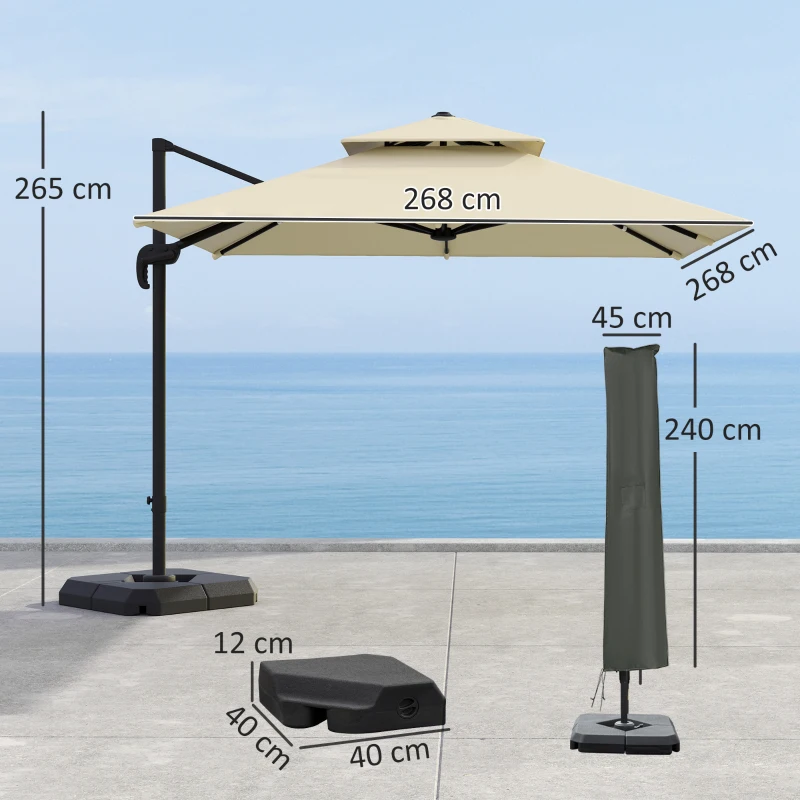 Best 2.7 x 2.7(m) Cantilever Parasol with Aluminium Frame, Crank and Tilt, 360° Rotation, Double Top Garden Umbrella with Base and Cover, Khaki - Image 3