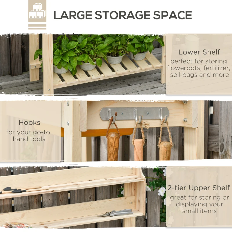 Best Garden Potting Bench w/ Sliding Tabletop, Wooden Workstation w/ Dry Sink, Outdoor Workbench Potting Table w/ Storage Shelf & Hooks, Natural - Image 7