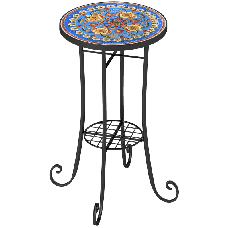 Best Mosaic Garden Table, 35.5 cm Round Outdoor Table with Shelf, Ceramic Tile Top, Small Garden Side Table Bistro Table End Table Plant Stand for Indoor, Patio, Balcony, Blue - Image 11