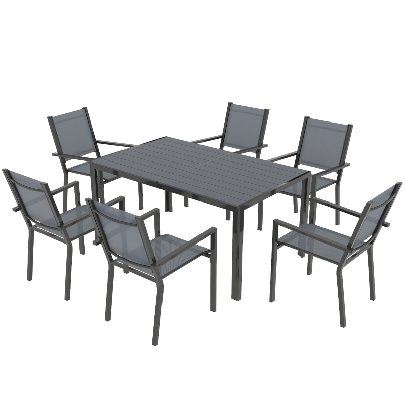 Best 7 Piece Garden Dining Set, Outdoor Furniture Set with 6 Stackable Chairs and 150 cm Rectangle Table, WPC Slatted Top, Rust-Resistant Steel Frame, for Garden, Porch, Terrace - Image 11