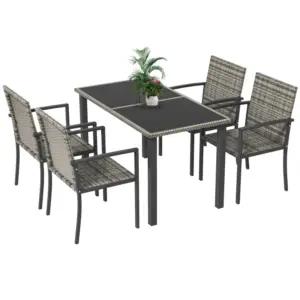 Best Outdoor Dining Set 5 Pieces Patio Conservatory with Tempered Glass Tabletop,4 Dining Chairs - Mixed Grey