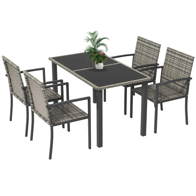 Best Outdoor Dining Set 5 Pieces Patio Conservatory with Tempered Glass Tabletop,4 Dining Chairs - Mixed Grey