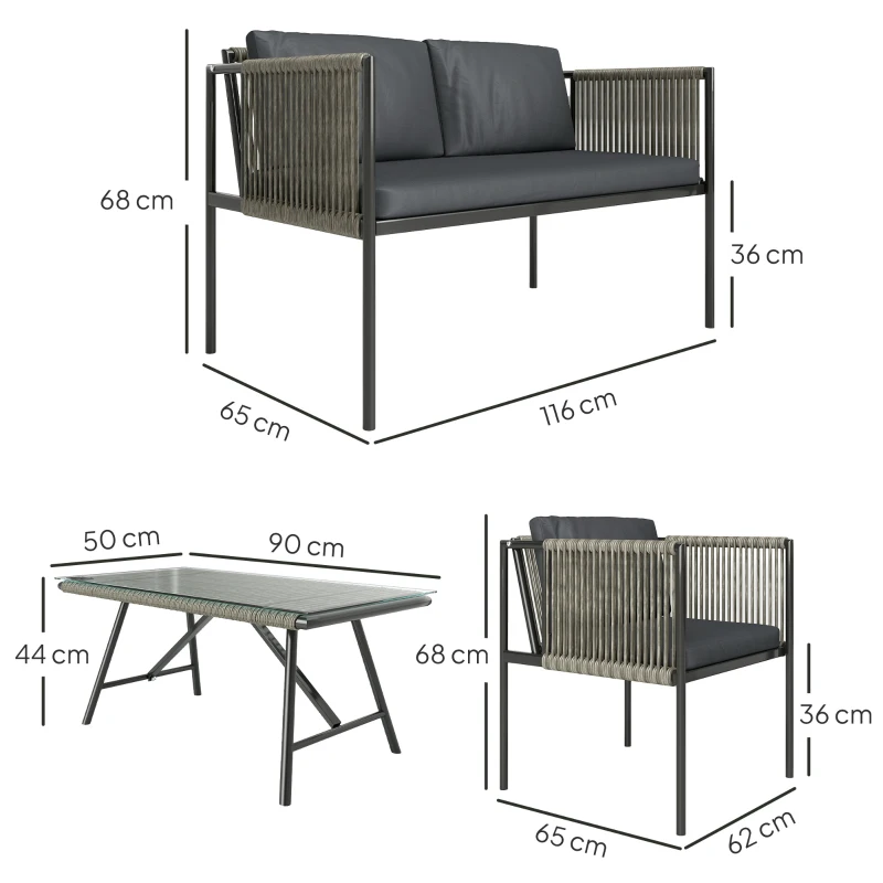 Best 4 Piece Rattan Garden Furniture Set, 4 Seater Wicker Outdoor Furniture Set with 2 Armchairs, Loveseat, Glass Top Coffee Table and Cushions for Balcony, Porch, Grey - Image 3