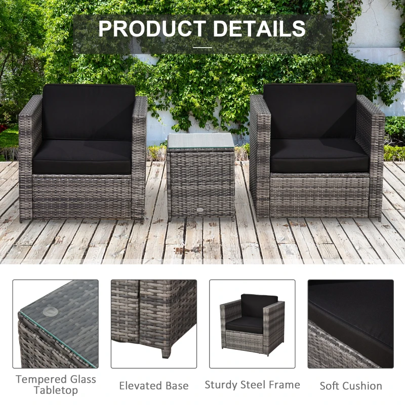 Best 3 Pieces Rattan Bistro Set, Wicker Garden Furniture Set with Glass Top Coffee Table and Chairs, Thickened Washable Cushions for Outdoor, Patio, Balcony, Grey - Image 6