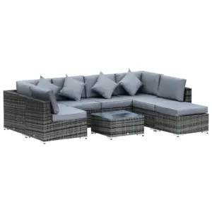 Best 8 Pieces PE Rattan Corner Sofa Set with Thick Cushions, Aluminium Outdoor Rattan Garden Furniture Set with Glass Top Table, No Assembly Required, Grey
