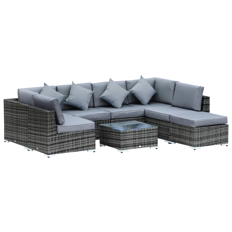 Best 8 Pieces PE Rattan Corner Sofa Set with Thick Cushions, Aluminium Outdoor Rattan Garden Furniture Set with Glass Top Table, No Assembly Required, Grey