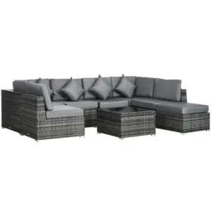 Best 8 Pieces PE Rattan Corner Sofa Set, Outdoor Garden Furniture Set, Patio Wicker Sofa Seater w/ Cushion, Washable Cushion Cover & Tempered Glass Table, Grey