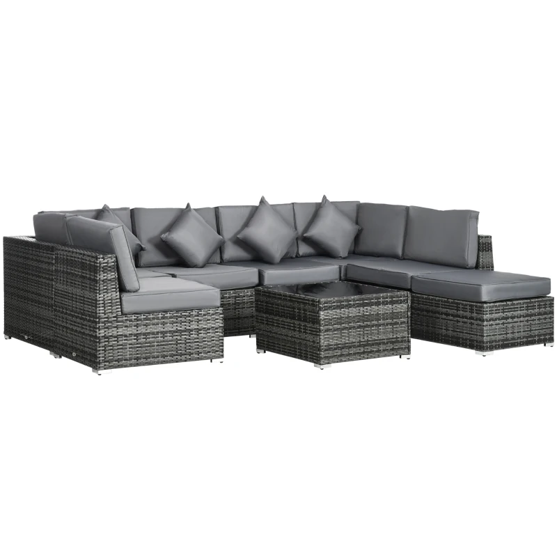 Best 8 Pieces PE Rattan Corner Sofa Set, Outdoor Garden Furniture Set, Patio Wicker Sofa Seater w/ Cushion, Washable Cushion Cover & Tempered Glass Table, Grey