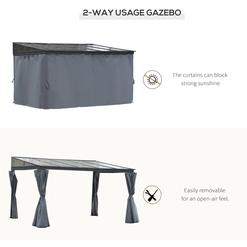 Best 4 x 3(m) Outdoor Hardtop Gazebo with Curtains, Lean to Aluminium Pergola with Polycarbonate Roof, Garden Pavilion Sun Shade Shelter, Grey - Image 6
