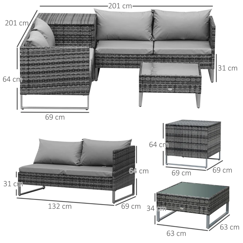 Best 4pc Garden Rattan Wicker Outdoor Furniture Patio Corner Sofa Love Seat and Table Set with Cushions Side Desk Storage, Mixed Grey - Image 3