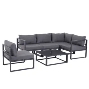 Best 6 PCs Outdoor Indoor Sectional Corner Sofa Set Thick Padded Cushions Aluminium Frame 5 Seaters 1 Coffee Table Grey