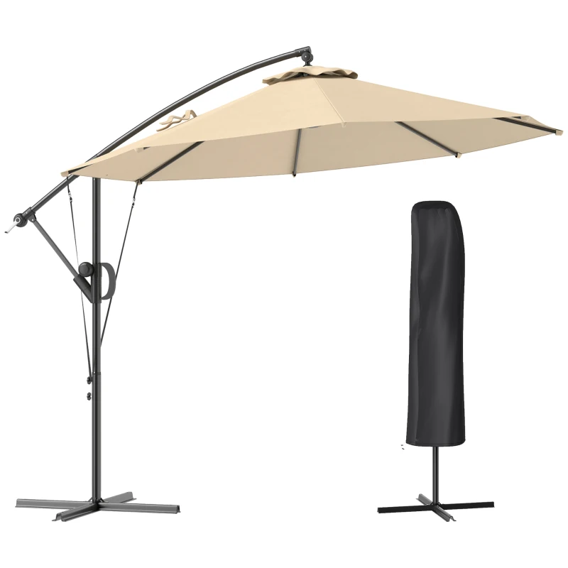Best 3(m) Garden Cantilever Parasol with Cover and Wind Protection Strap, Round Overhanging Umbrella with Crank Handle and Tilt, Banana Patio Umbrella for Outdoor Sun Shade, UPF50+, Khaki