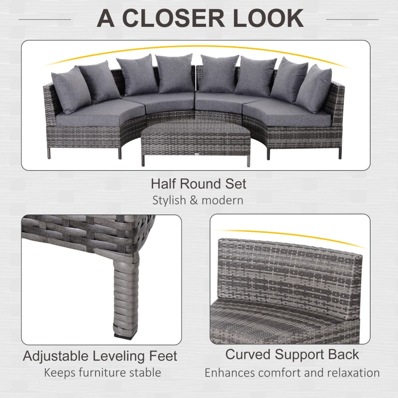 Best 5 Pieces Rattan Garden Furniture Set, 4 Seater Half-Round Garden Sofa Set with Thickened Cushions, Wicker Conservatory Furniture with 4 Chairs, Rattan Coffee Table and Pillows, Grey - Image 6