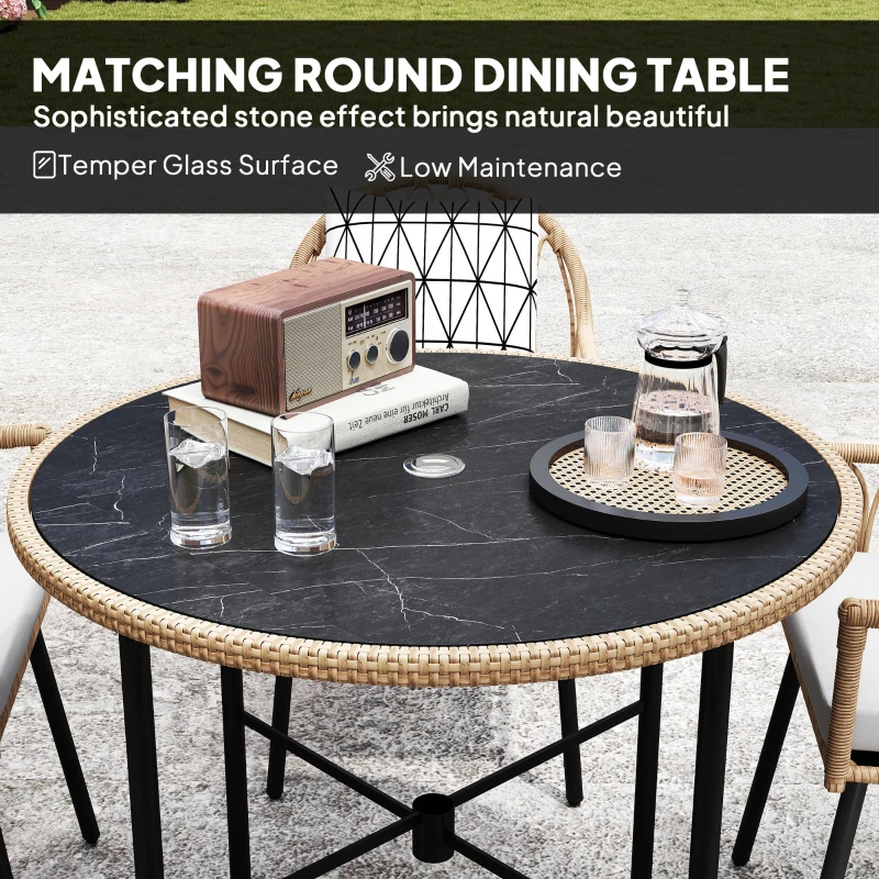 Best 5 Piece Patio Rattan Dining Set, Wicker Garden Table and Chairs w/ Removable Seat & Back Cushions, Round Tempered Glass Tabletop, Parasol Hole, Outdoor Furniture Conservatory Set, Light Brown - Image 6