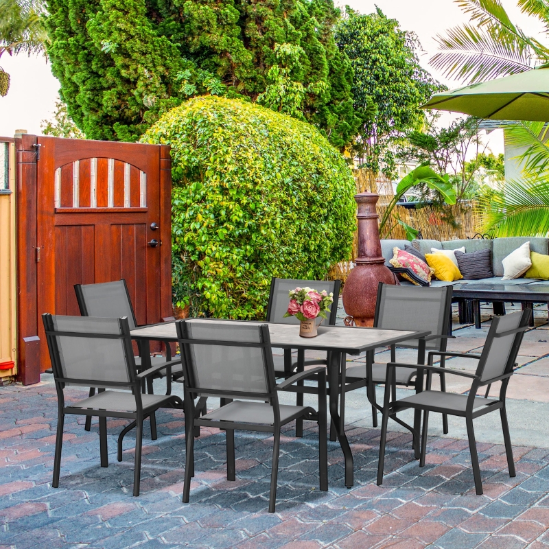 Best 7 Pieces Garden Dining Set, 6 Seater Garden Table and Chairs with Parasol Hole, Outdoor Furniture Armchairs and Stone-like Plastic Top Table with Breathable Mesh Fabric Seat, Grey - Image 10