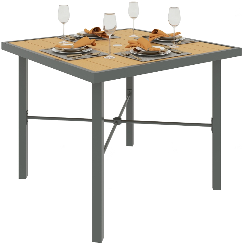 Best Garden Table, 90cm Square Outdoor Patio Dining Table with 4.2 cm Umbrella Hole, Metal Frame, Wood Effect Top, for Terrace, Balcony, Natural Wood Finish - Image 10