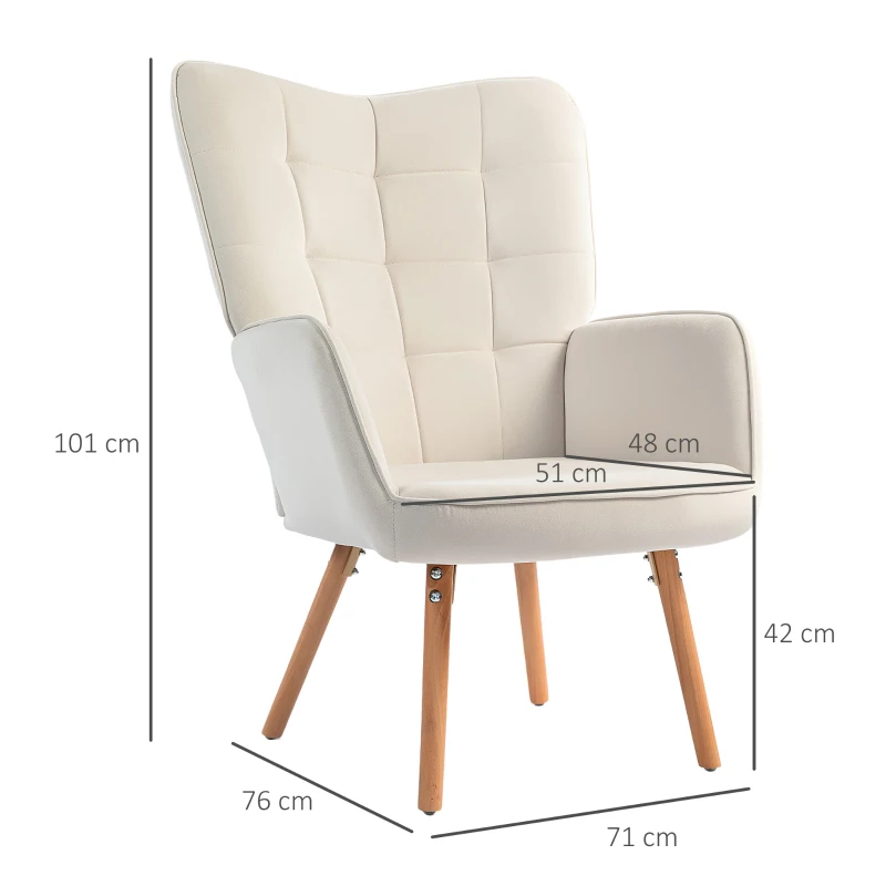 Best Modern Accent Chair, Upholstered Tufted Wingback Armchair with Seat Padding, Velvet Leisure Lounge Bedroom Chair with Wood Legs, Cream White - Image 3