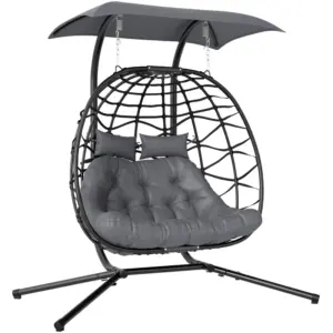 Best Rattan Double Hanging Egg Chair with Canopy, Foldable Wicker Swing Egg Chair with Cushion, Head Pillows, Stand, Steel Frame, Hammock Chair for Indoor Outdoor, Capacity 260 kg, Black
