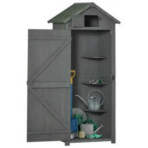 Best Wooden Garden Shed, Utility Outdoor Small Shed with Lockable Double Doors, Shelves and Roof Hatch, Grey