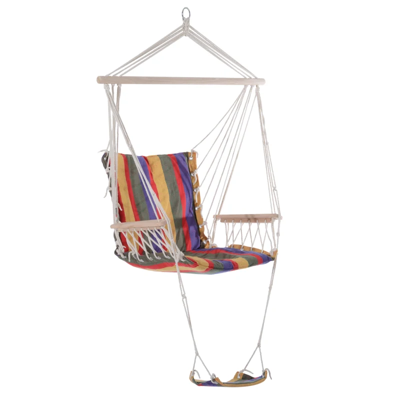 Best Hanging Rope Chair with Soft Padded Seat & Backrest, Portable Garden Hammoc Chair with Wooden Support Bar, Armrests, Cotton Cloth, Footrest, for Patio & Tree, Red