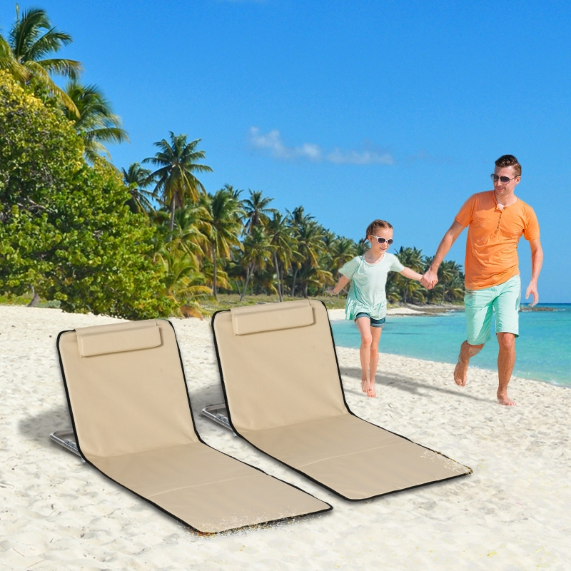 Best Set of 2 Foldable Garden Beach Chair Mat Lightweight Outdoor Sun Lounger Seats Adjustable Back Metal Frame PE Fabric Head Pillow w/ Carry Bag, Beige - Image 11