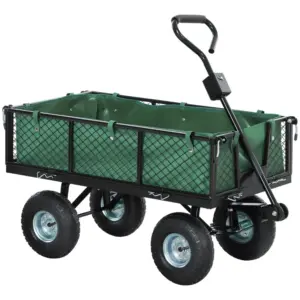 Best 114L Steel Frame Garden Cart Trolley - Green