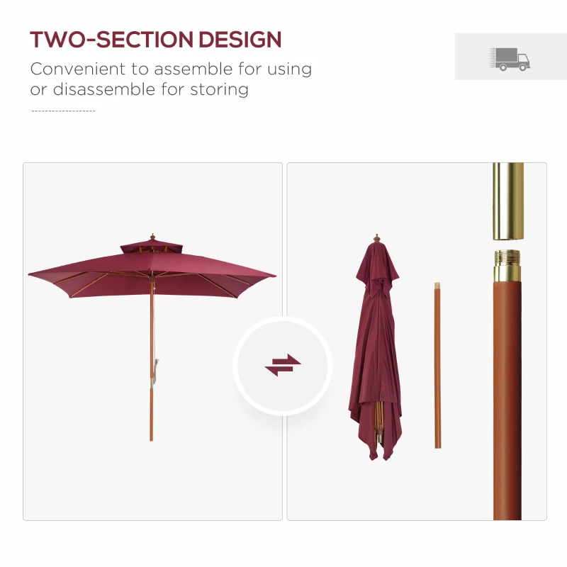 Best 3 x 3(M) Garden Parasol Umbrella Sunshade, Outdoor Wooden Parasol with Double Tier Canopy, Wine Red - Image 7