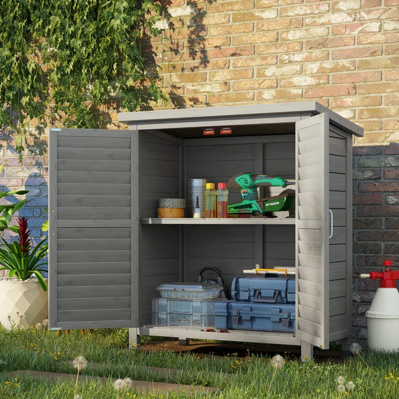 Best Garden Shed Wooden Garden Storage Shed 2 Door Unit Solid Fir Wood Garage Tool Organisation Cabinet, 87L x 46.5W x 96.5Hcm, Grey - Image 2